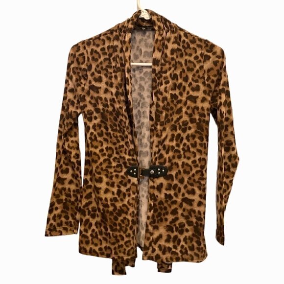 Animal Print open front cardigan with black buckle snap belts - Picture 1 of 6